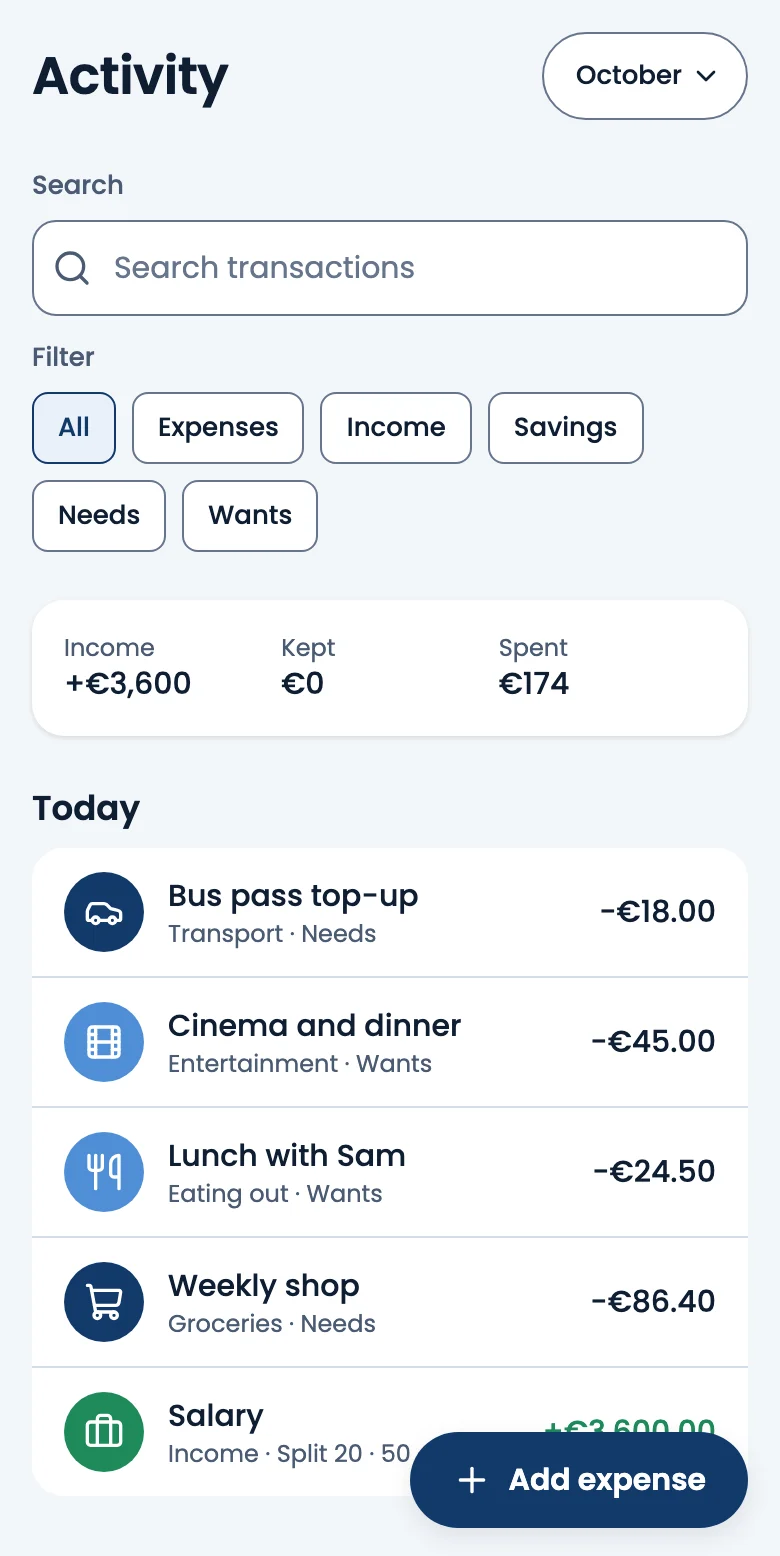Activity: today's income and expenses, each with its spending limit and bucket.