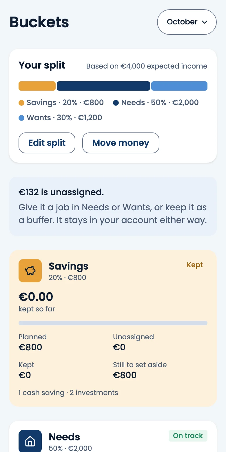 Incomewise Buckets screen: your split of 20% savings, 50% needs and 30% wants, with each bucket's plan.