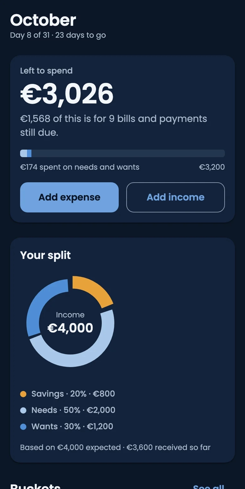 The same Home screen in dark mode.